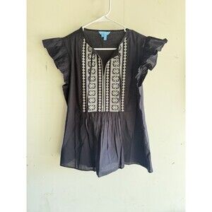 Draper James Geo Embroidered Flutter Sleeve Top Womens Small Black Blouse